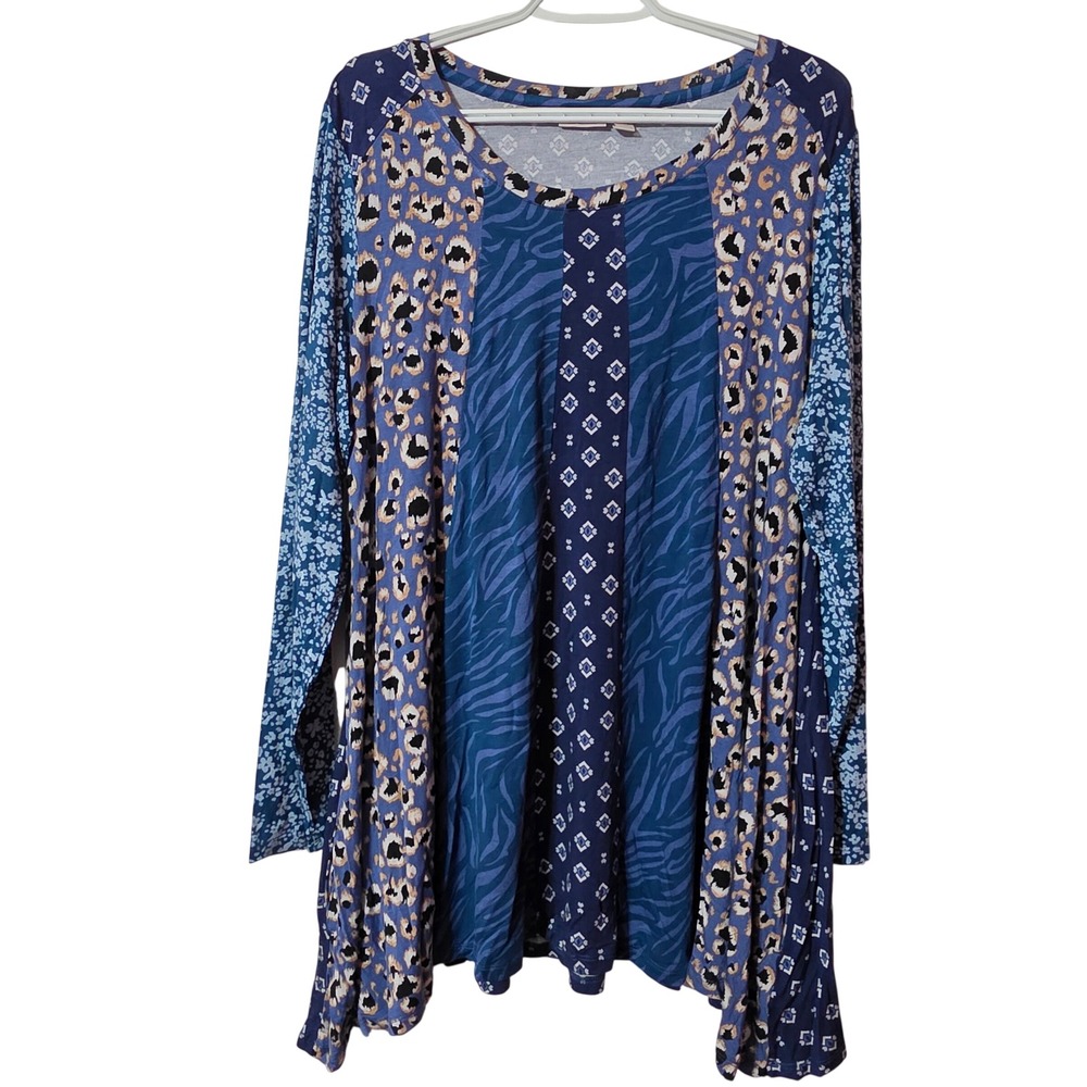 LOGO Lori Goldstein Women 1X Tunic Blue Patchwork Mixed Print Long Sleeve Boho